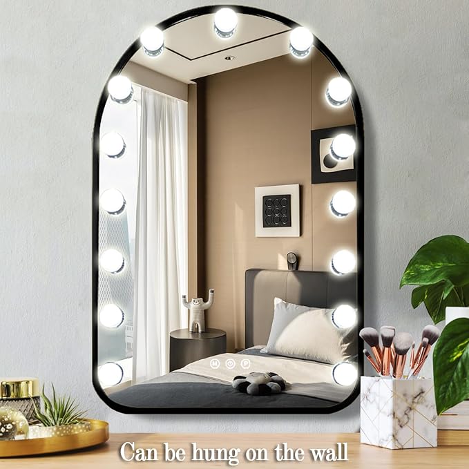 Hollywood Arch Black Vanity Makeup Mirror with Lights 15 Bulbs Dimmable 3Color Black Lighted Vanity Mirror for TableTop Wall Detachable Base X10 Magnifying Arch Makeup Desk Mirror with Lights