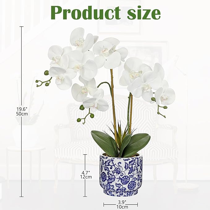 Briful Orchid Artificial Flowers 19.6in White Orchid Silk Floral Arrangement with Blue and White Ceramic Pot Fake Orchid Plant for Home Office Dining Room Table Centerpiece Decor
