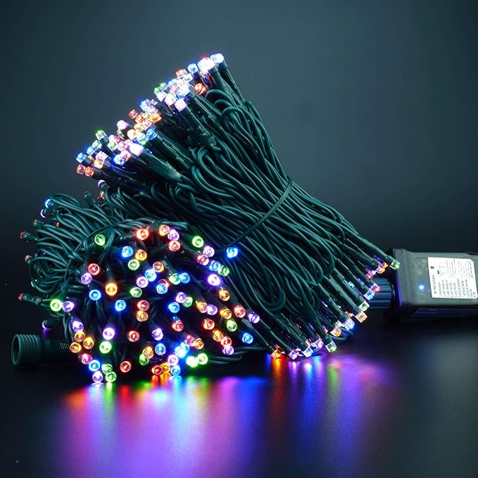 YULETIME 100 ft 300 Count Multicolor LED String Lights with 8 Models Adapter, Green Wire Wide Angle 5mm Christmas Lights (Multicolor - Green Wire)