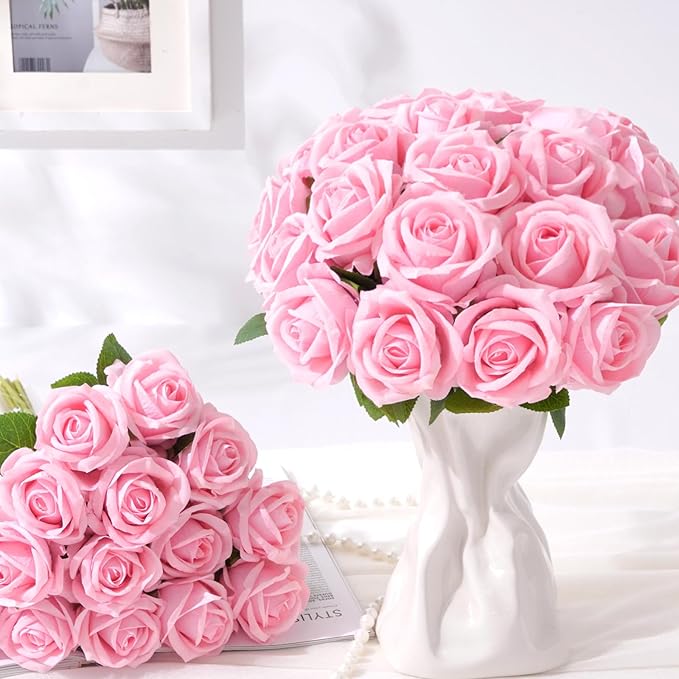 BLEUM CADE 50 Pcs Pink Roses Artificial Flowers, Real Touch Velvet Roses Fake Flowers Bulk, Artificial Roses Bouquet with Long Stems Bridal DIY Wedding Party Centerpiece Decorations