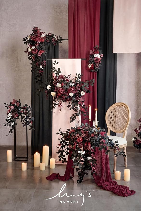 Ling's moment 2PCS Black Artificial Floral Swags Arch Flowers Burgundy Wedding Rose Garland Greenery Arrangements Centerpieces for Sweetheart Table Decor Wall Window Garden Decor Maroon Gothic
