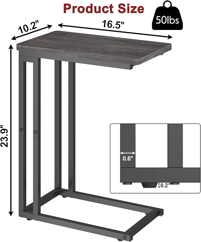 Yusong C Shaped End Table - Slide Under Sofa Couch Bed, Small Table for Small Spaces, Skinny Overbed, Coffee Drink Snack Table for Living Room, Grey Oak