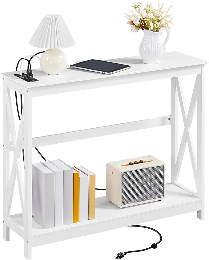 Yaheetech 40" Console Table with 2 Outlet and 2 USB Ports, Wooden Entryway Table with X-Shaped Design, Narrow Sofa Table for Living Room and Hallway,White