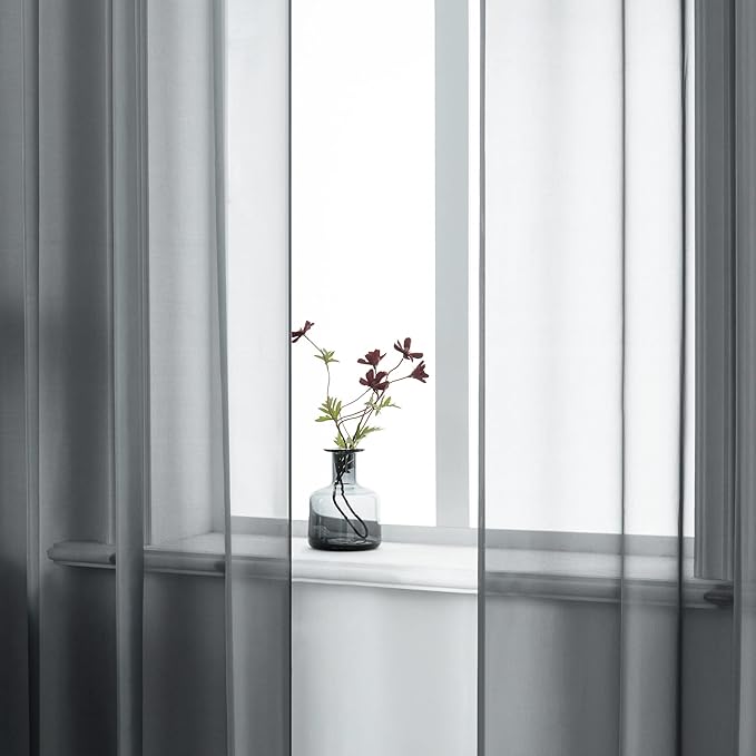 DUALIFE Charcoal Grey Sheer Curtains Grommet,Look Semi Sheer Windows Panels,Elegant Solid Color Touch Soft Drapes, 52X96 Inch for Living Room Bedroom,Set of 2 Panels