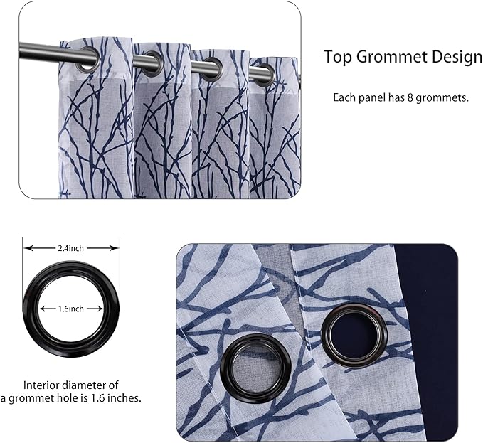 BONZER Mix and Match Curtains - 2 Pieces Branch Print Sheer Curtains and 2 Pieces Blackout Curtains for Bedroom Living Room Grommet Window Drapes, 54x63 Inch/Panel, Indigo, Set of 4 Panels