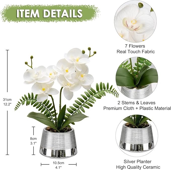 White Orchids Artificial Flowers in Silver Pot Faux Phaleanopsis Orchid Bonsia Fake Orchid Centerpiece for Dining Room Table