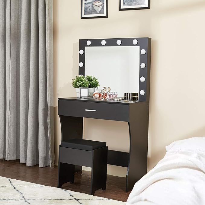 Vanity Desk, Makeup Vanity with Mirror and Lights, Adjustable Brightness and Sturdy Wood Vanity Large Drawer, 31.5in, Black