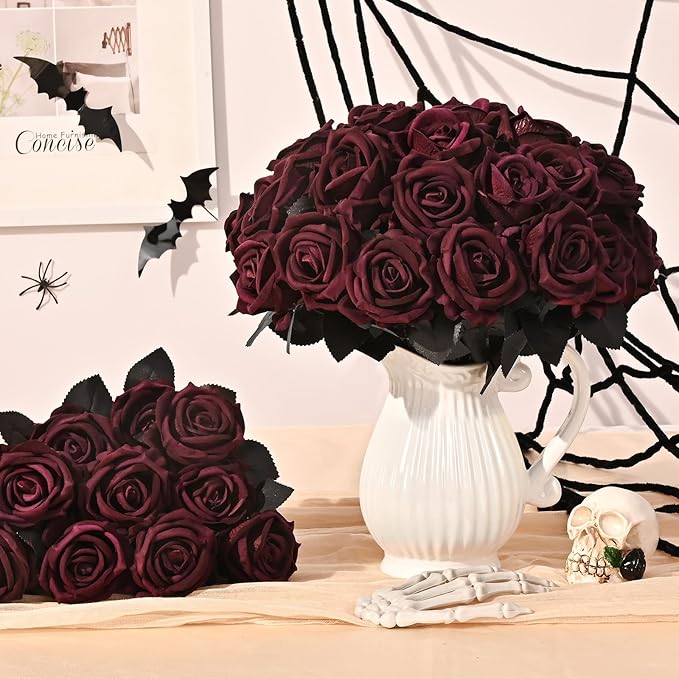 BLEUM CADE 50 Pcs Black Roses Artificial Flowers, Real Touch Velvet Roses Fake Flowers Bulk, Artificial Roses Bouquet with Long Stems for DIY Table Centerpiece Halloween Decorations