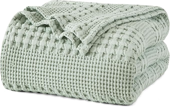 PHF 100% Cotton Waffle Weave Blanket Twin Size for Bed, Soft Lightweight & Breathable, All-Season Comfort, Luxury Aesthetic Woven Bedding for Home Decor, 66"x90", Mint Green
