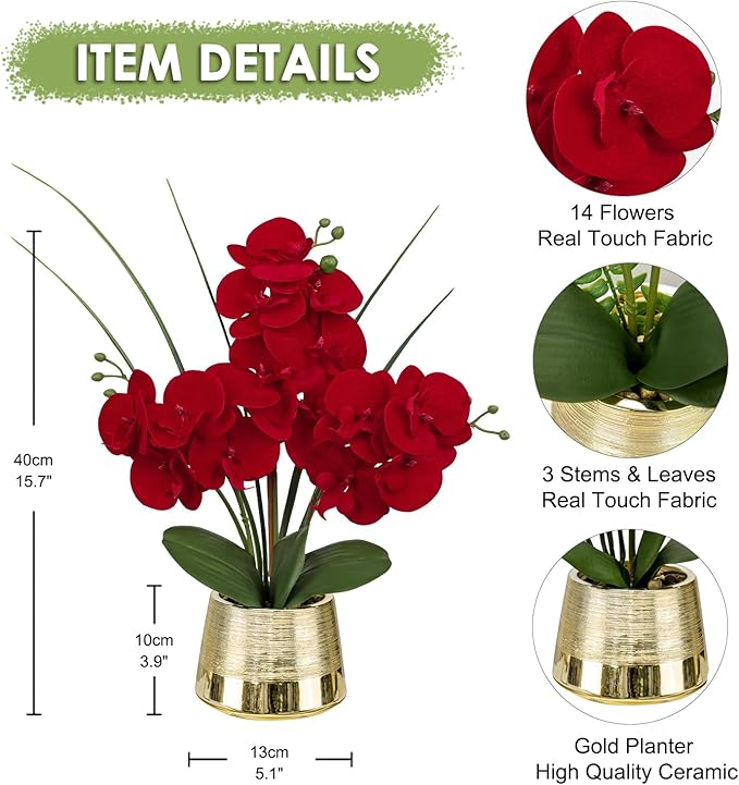 Artificial Red Phalaenopsis Orchid Flower Arrangements Faux Orchid Flower in Gold Pot Orchids Centerpiece for Dining Room Table