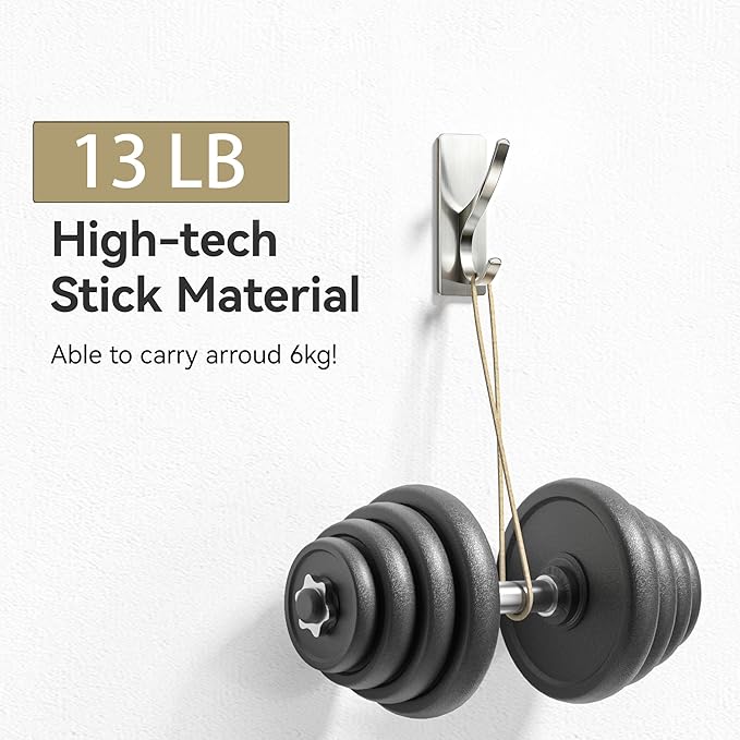 Self Adhesive Coat Hooks for Hanging: Heavy Duty Stainless Wall Hook for Towel, Backpack, Hat, Sturdy Metal Hanger for Bathroom, Bedroom, Door, Brushed Nickel 10 Pack