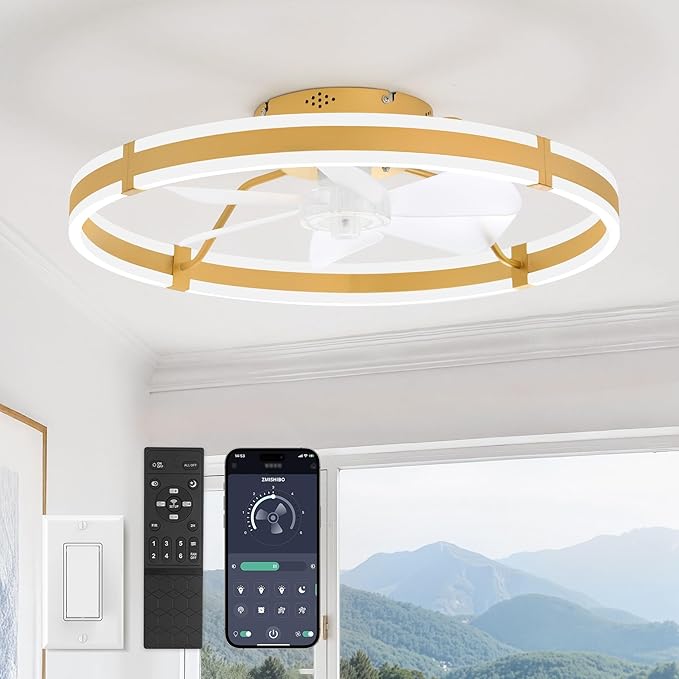 ZMISHIBO 24 Inch Ceiling Fans with Lights and Remote, Modern Low Profile Ceiling Fan, 3000-6000K Dimmable Flush Mount LED Fan Light, 6 Wind Speeds, Fandelier Ceiling Fans for Bedroom- Gold