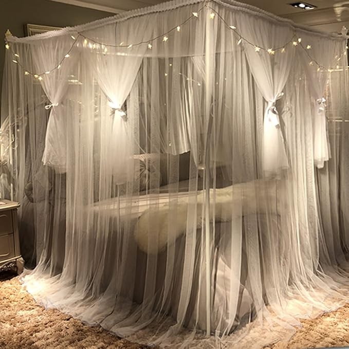 Joyreap 4 Corners Post Canopy Bed Curtain for Girls & Adults - Royal Luxurious Cozy Drape Netting - Cute Princess Bedroom Decoration Accessories (White, Twin)