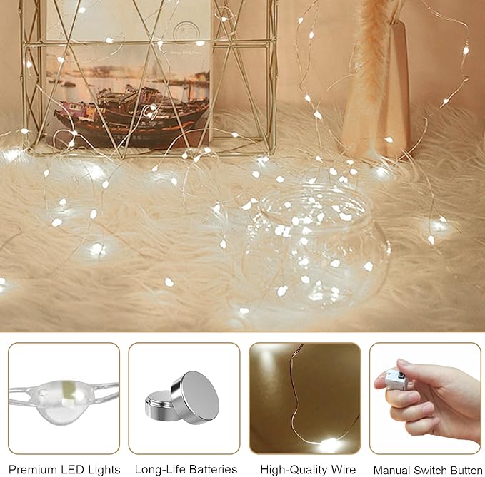 30 Pack Fairy Lights Battery Operated - 3 Speed Modes, 7Ft 20 LED String Twinkle Lights, Waterproof Copper Wire, Mini Firefly Light for Mason Jars Vases Christmas Decor, White