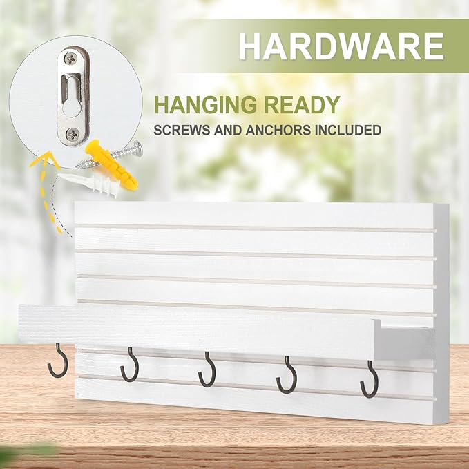 Decorative Key Holder for Wall with Shelf, Entryway Shelf with Hooks Holds Leashes, Jackets and Glasses – Sturdy Wood Keyholder Entrance Hanger with Mounting Hardware (White, Medium)