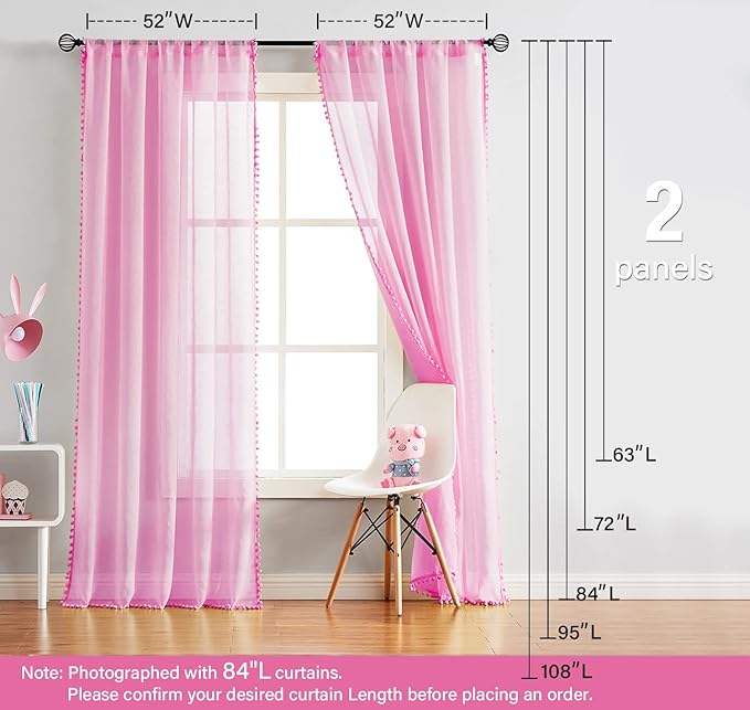 Treatmentex Pom-Pom Pink Sheer Curtains for Girl's Room 95 inches Linen Textured Look Red Sheer Window Draperies for Bedroom Living Room, 52" w x 2 Panels, Rod Pocket