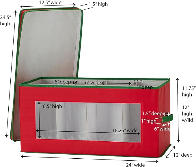 Household Essentials Holiday Figurine Storage Box, Windowed Storage with Lid, 8 Storage Compartments, Double Handles, Red with Green Trim