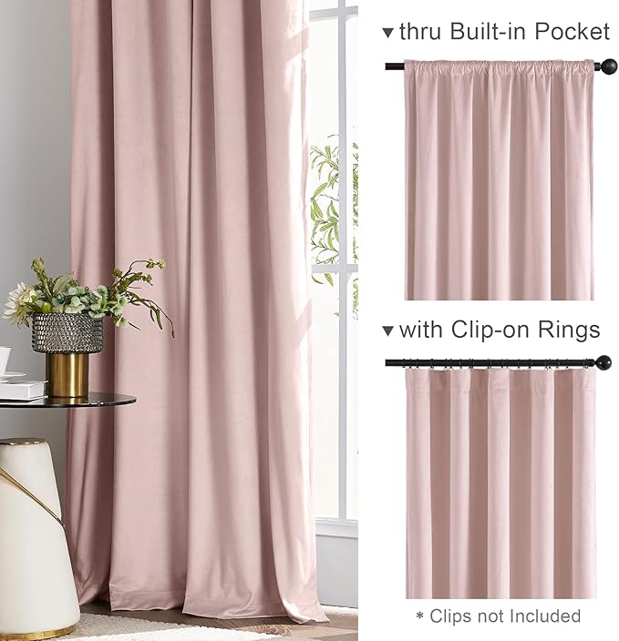 Lazzzy Velvet Blackout Curtains Thermal Insulated Room Window Drapes Super Soft Luxury Curtains for Living Room Bedroom Rod Pocket 2 Panels, Dusty Pink, 52" W x 90" L