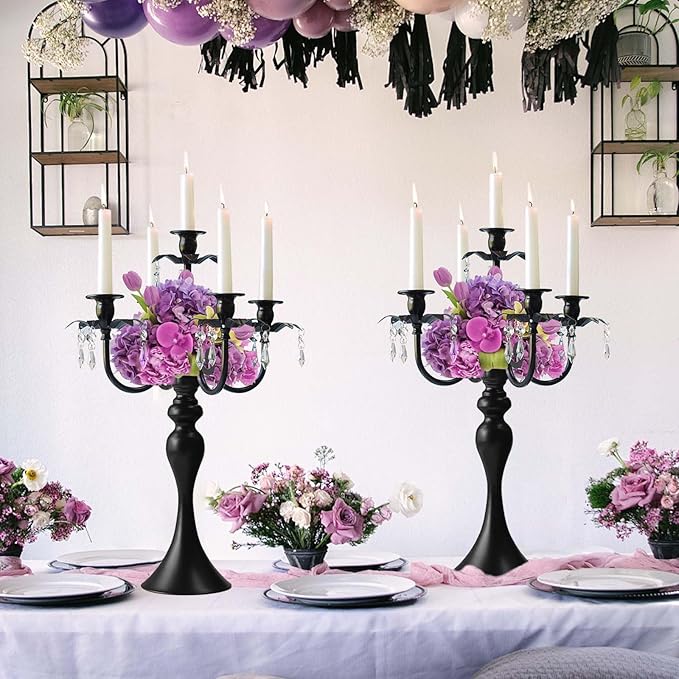 20''Tall Black Crystal Pendant Taper Candle Holders/Stylish Candle Stands/Candlesticks Holder/Candelabra for Home Decor, Weddings/Parties/Elegant Dining Table Centerpiece (1, Black, 5 Arm)