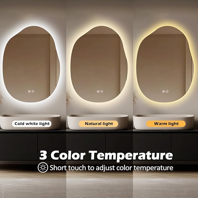 LED Bathroom Mirror with Lights 24x32, Stepless Dimmable Irregular Backlit Mirror with 3 Colors, Anti-Fog, Memory, Al-Alloy Lampshade, Frameless Smart Mirror for Bathroom (Horizontal/Vertical)