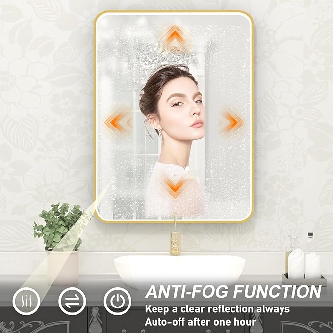 LED Bathroom Mirror with Lights, 24x32 Inch Gold Metal Framed LED Mirror for Bathroom, 3 Colors and Stepless Dimmable Wall Mounted Lighted Bathroom Vanity Mirror, Anti-Fog, Memory