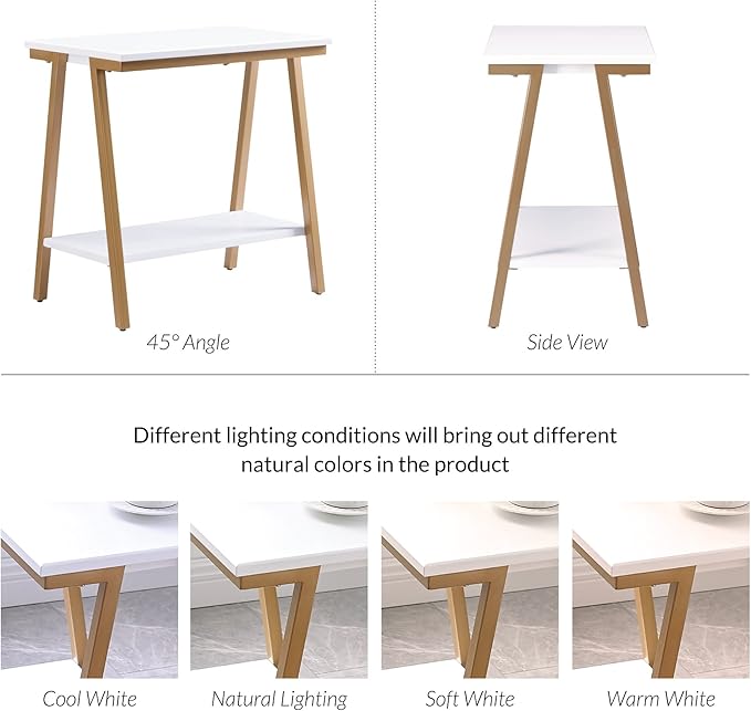 Leick Home 214312 Empiria Narrow Side Table with Shelf and Metal Frame, Wood End Table for Living Room Bedroom, White