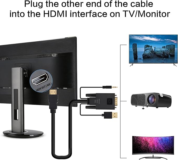 VCOM VGA to HDMI Cable 6Ft, VGA to HDMI Adapter with USB Power and Audio, 1080P@60Hz PC VGA Source Output to TV/Monitor with HDMI Connector, Male to Male for Computer Desktop Laptop Monitor Projector