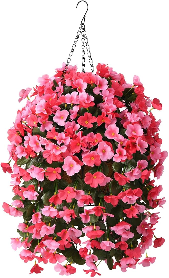 INQCMY Artificial Hanging Flowers Basket for Outdoors Spring Summer Decoration,Faux Silk Begonia in Planter Look Real UV Resistant for Outside Home Porch Patio Garden Balcony Yard Decor（Deep Pink）