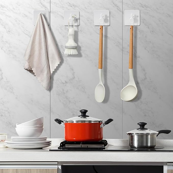 White Adhesive Towel Hooks: 15LB Heavy Duty Wall Hooks Stick on Shower Hooks for Bathroom Kitchen Door-4Packs