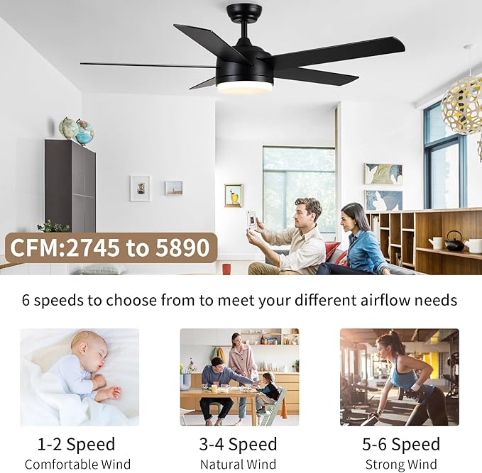 YUHAO 52 Inch Black Ceiling Fan with Light and Remote Control.Noiseless,Dimmable,3CCT,6 Speeds Reversible, DC Ceiling Fans for Indoor or Covered Outdoor