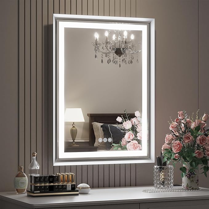 LED Bathroom Mirror, 24“x32“ Lighted Bathroom Mirror with Metal Framed, Extremely Bright LED Mirror for Bathroom, 3 Colors Dimmable, Anti-Fog, Memory, Wall Mounted Lighted Vanity Mirror
