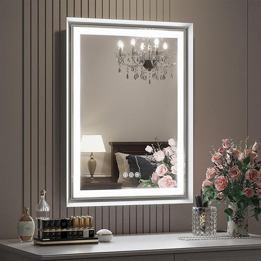 LED Bathroom Mirror, 24“x32“ Lighted Bathroom Mirror with Metal Framed, Extremely Bright LED Mirror for Bathroom, 3 Colors Dimmable, Anti-Fog, Memory, Wall Mounted Lighted Vanity Mirror
