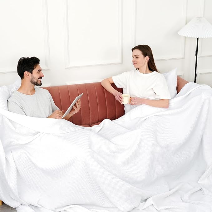 PHF Pre-Washed Cotton Waffle Weave Family Blanket,Oversized King Size 120"x 120"-Snag Proof Lightweight Breathable, 10'x 10' Huge Extra Large Big-Elegant Aesthetic Home Decoration Gift-White