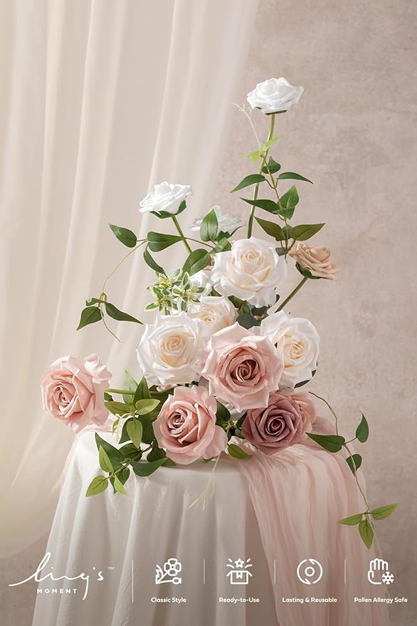 Ling's Moment Artificial Flowers Fake Silk Roses Faux Foam Flower Combo for DIY Wedding Bouquets Centerpieces Arrangements Bridal Shower Party Home Decorations, Dusty Rose & Cream, 23pcs