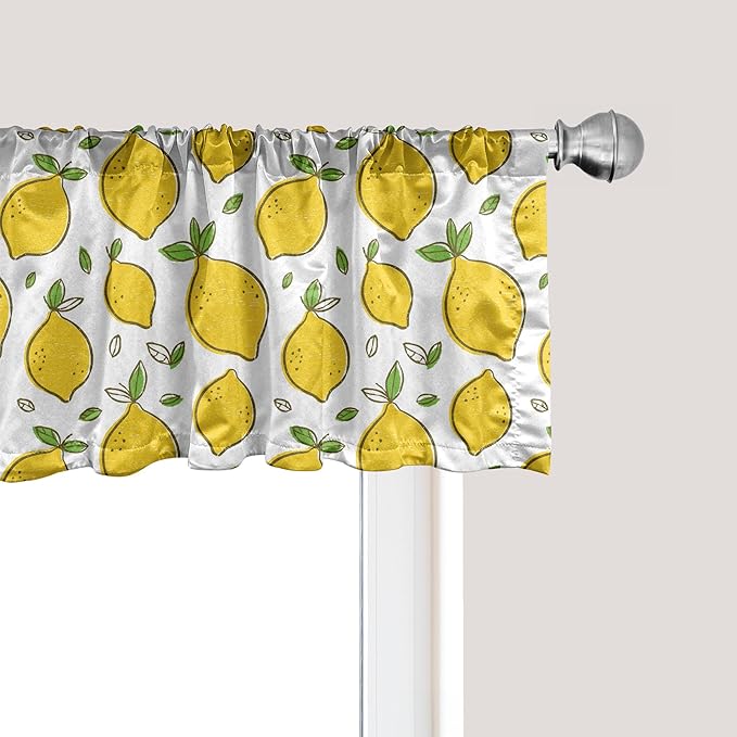 Ambesonne Lemons Window Valance, Continuous Citrus Fruits Leaves Refreshing Cartoon Pattern, Curtain Valance for Kitchen Bedroom Decor with Rod Pocket, 54" X 18", Lime Green Earth Yellow