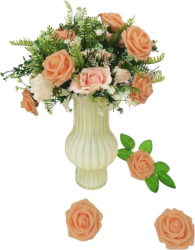 Artificial Rose Flowers 25pcs, Light Orange Foam Fake Rose Faux Flower for Wedding Bouquets Bridal Shower Centerpieces Floral Arrangements Home Decorations Party Backdrops Table