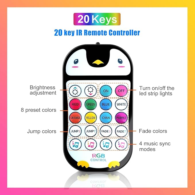 TJOY 65.6ft Kids Bluetooth LED Strip Lights, Music Sync Tape Lighting RGB Color Changing Lighting with Penguin Style Remote, APP Control, LED Lightis for Bedroom, Room DIY (APP+Remote+Mic)