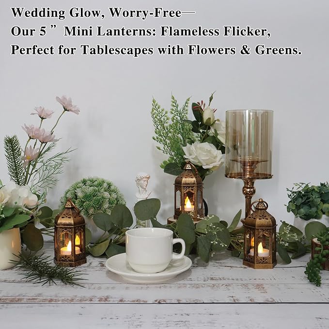 LLQ 8Pcs Mini Lantern with LED Tealight, Vintage Brown Lanterns Decorative, Hanging Candle Lanterns for Ramadan Christmas Wedding Table Centerpiece Indian Diwali Decor, Garden Fairy Party Decorations