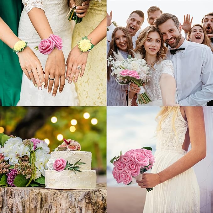 JOYLEX Artificial Flowers Realistic Roses, 25pcs Real Looking Fake Roses with Stem for DIY Wedding Bouquets Centerpieces Bridal Shower Party Home Romantic Decorations (Dark Pink)