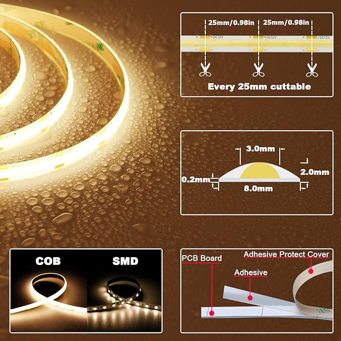 TOPAI 12V COB LED Strip Light 3000K Warm White Waterproof IP65 480LEDs/M Super Bright 4000Lm CRI>90 16.4ft/5M Dotless High Density Cuttable Flexible for Cabinet Home DIY Lighting Projects