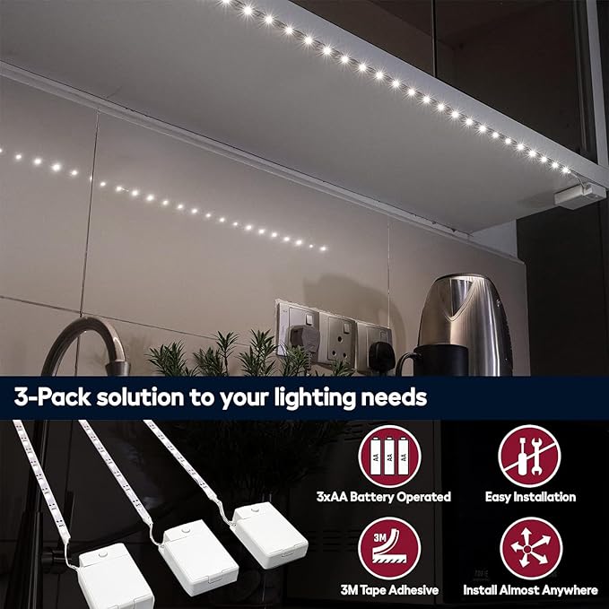 Battery Powered LED Strip Lights, 3 Pack 40 Inch Cordless White LED Light Strips for Shelves and Under Cabinet Indoor Use, Battery Operated LED Strip Lights, Cool White 6500K