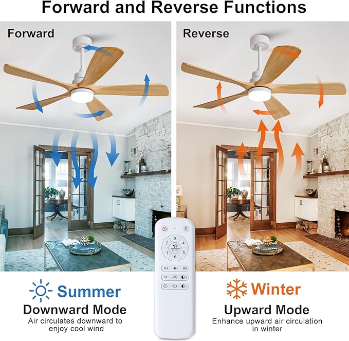52 Inch Outdoor Ceiling Fans with Lights and Remote Control, Dimmable 5 Blade Wood Outdoor Ceiling Fans for Patios, White Natural Wood Bedroom Ceiling Fan with Lights, Noiseless DC Motor