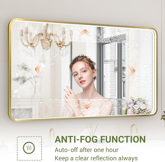 LED Bathroom Mirror with Lights, 48x28 Inch Gold Metal Framed LED Mirror for Bathroom, 3 Colors and Stepless Dimmable Wall Mounted Lighted Bathroom Vanity Mirror, Anti-Fog, Memory