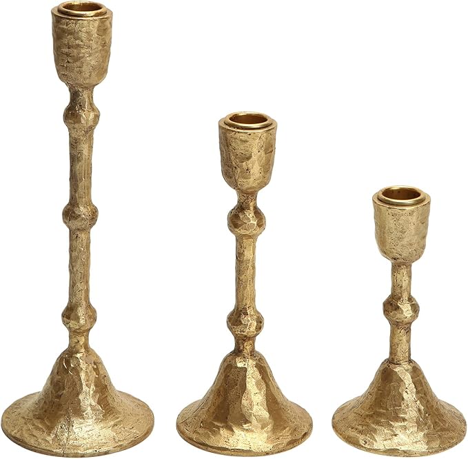 NIKKY HOME Gold Taper Candle Holders Set of 3, Vintage Decorative Resin Candlesticks Centerpieces Decor for Dining Room Table Wedding Party Mantle Fireplace