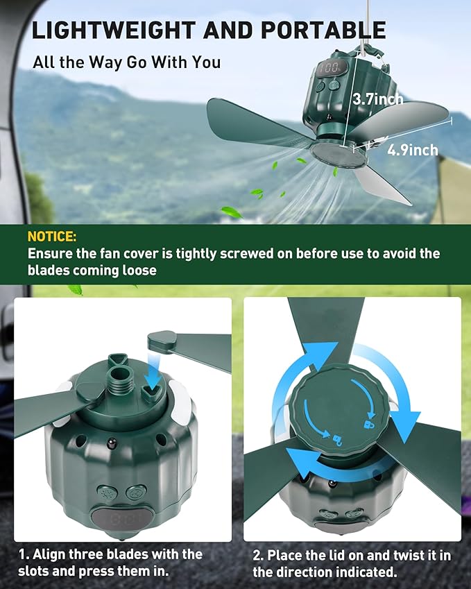 DUKUSEEK Tent Ceiling Fans for Camping Hanging, Portable Tent Fans with Light and Remote Control, Power Bank, USB Battery Operated Camping Fan with Hanging Hook for Outdoor, Car, RV