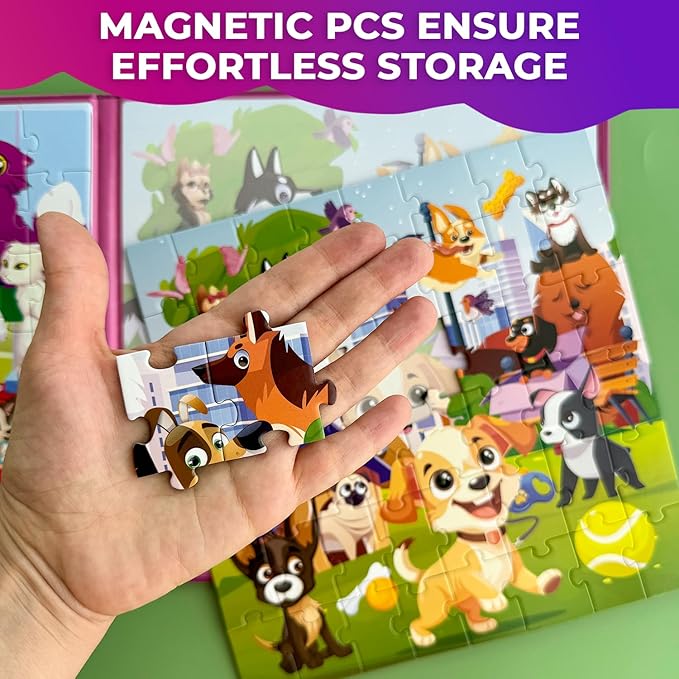QUOKKA Magnetic Puzzles for Toddlers 3-4 - 2x48 Travel Puzzle Games for Kids Ages 3-5 Years Old - Car Activities Toy for Boys and Girls 4-6 yo - Cats & Dogs Learning Magnet for Road Trip