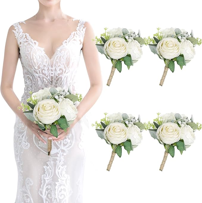 Bridesmaid Bouquets - Set of 4 Ivory White Artificial Flowers Bouquet Wedding Rustic Small Floral Centerpieces for Marriage Proposal Party Anniversary Dining Table Decorations
