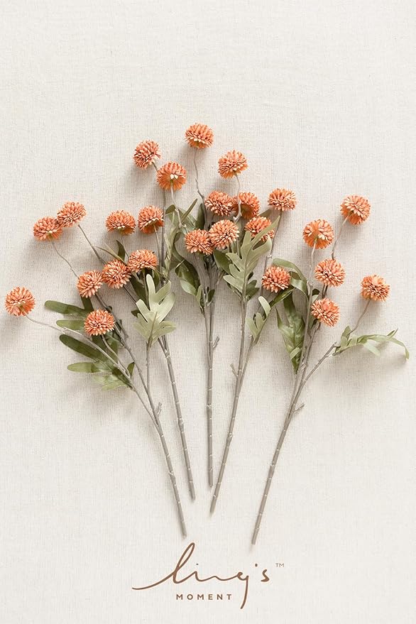 Ling's Moment Pompon Mum Artificial Flower, 5pcs Faux Silk Mini Chrysanth with Stems, Bulk Fake Wedding Filler Flowers for DIY Bouquet Centerpieces Arrangements Shower Decorations, Burnt Orange