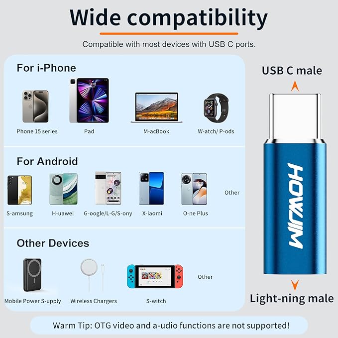 Light-ning to USB C Adapter 4Pack,PD27W/66W Fast Charging Data Transfer,Light-ning Female to USB C Male,Type C Charger Converter Cable for Phone 17/16/15,Pad,G-alaxy,P-ixel,Not for Headphones/OTG Blue