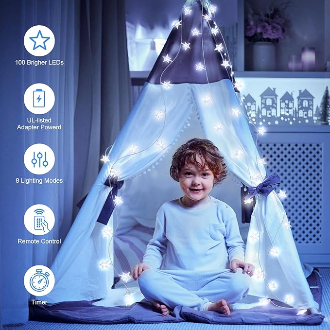 Star String Lights Plug in - 33 ft 100 LED Star Fairy String Lights with Remote and Timer, 8 Modes Waterproof for Bedroom Tent Loft Bed Window Backyard Patio Porch Balcony Staircase Party, White